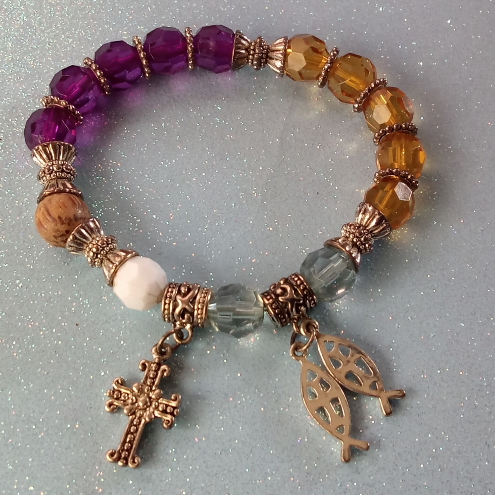 Elegant Purple and Gold Beaded Bracelet with Charms